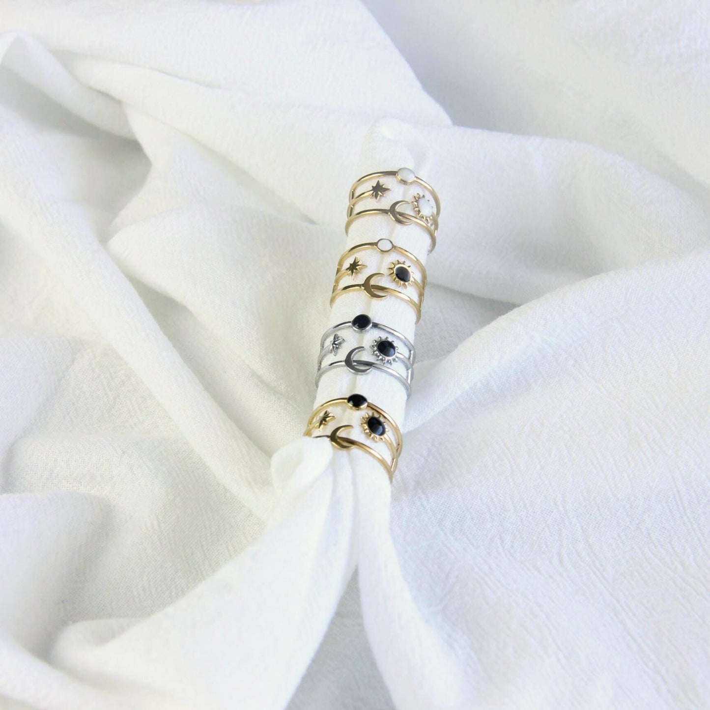 Sun Moon Star Ring 18K Gold Celestial Enamel Ring Adjustable Sun and Moons Rings Statement Rings for Women Waterproof Handmade Jewelry Gifts