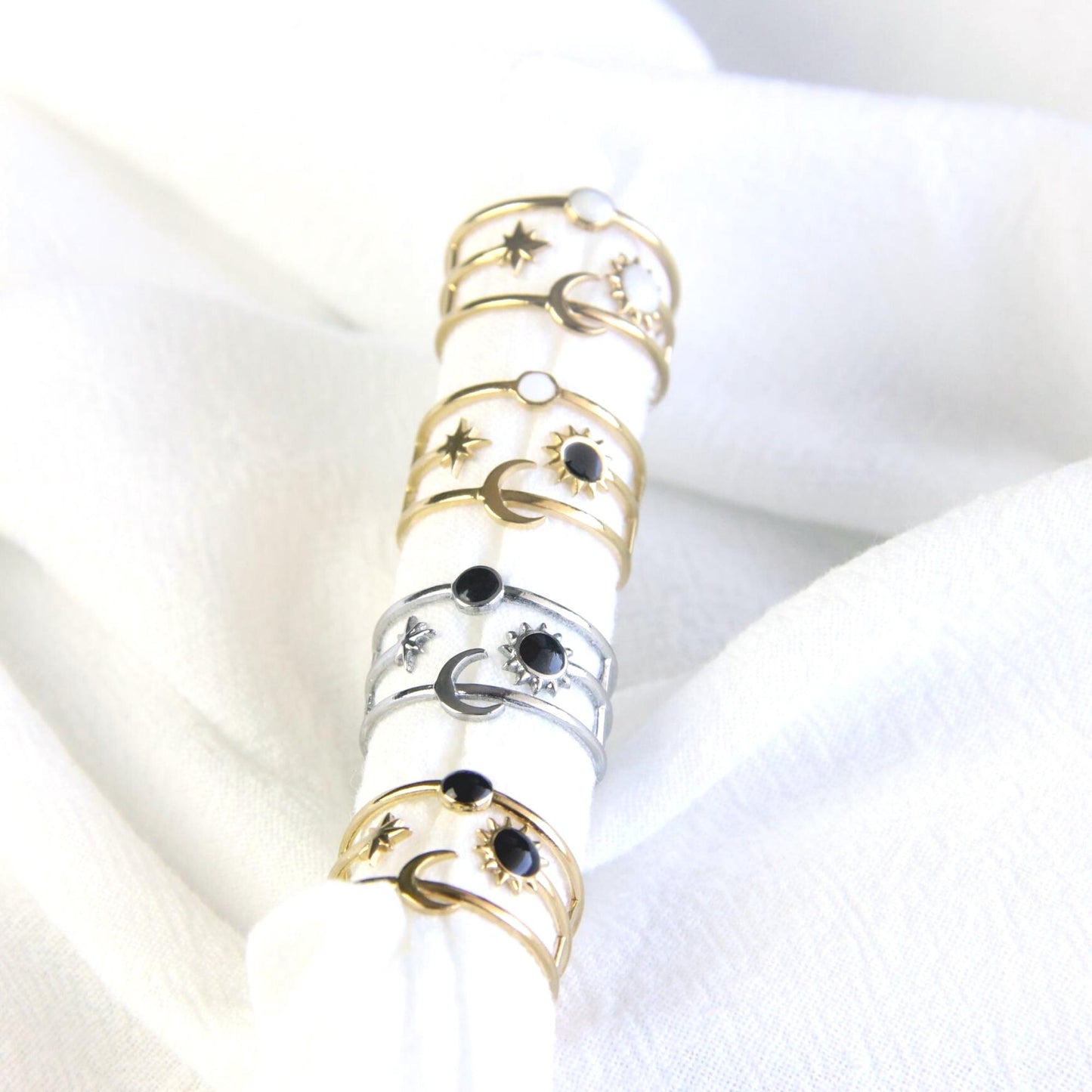 Sun Moon Star Ring 18K Gold Celestial Enamel Ring Adjustable Sun and Moons Rings Statement Rings for Women Waterproof Handmade Jewelry Gifts