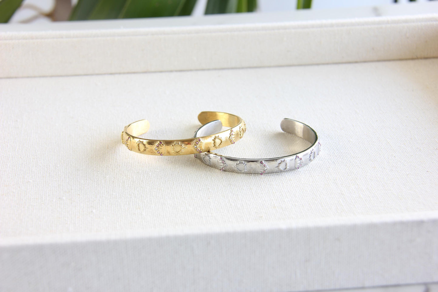 Unique 18K Gold Plated Open Cuff Bangle Bracelet with colorful cubic zirconia stars that reflects both minimalist and statement textures. Complete your special occasion outfit or night style with this beauty!