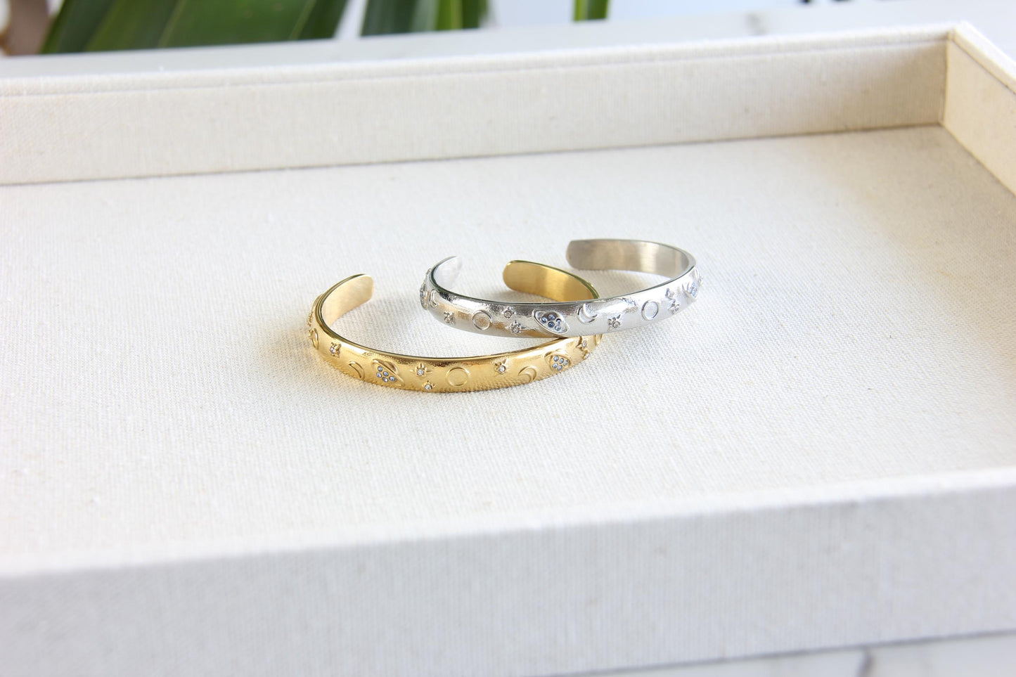 Unique 18K Gold Plated Open Cuff Bangle Bracelet with colorful cubic zirconia stars that reflects both minimalist and statement textures. Complete your special occasion outfit or night style with this beauty!