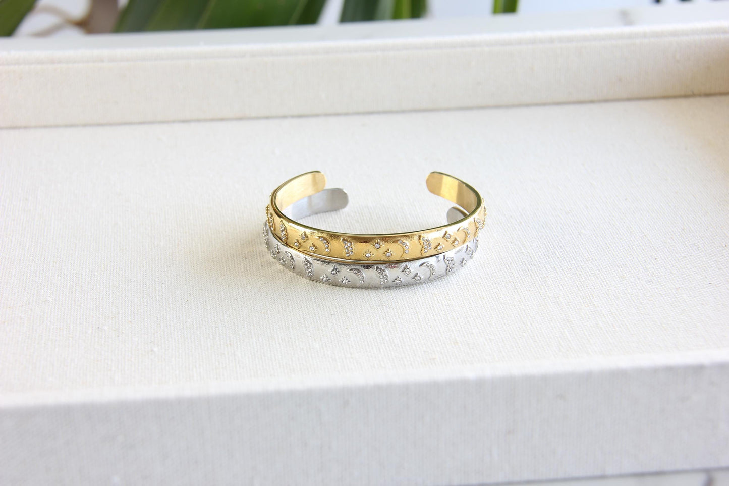 Unique 18K Gold Plated Open Cuff Bangle Bracelet with colorful cubic zirconia stars that reflects both minimalist and statement textures. Complete your special occasion outfit or night style with this beauty!