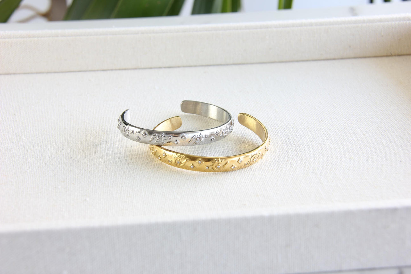 Unique 18K Gold Plated Open Cuff Bangle Bracelet with colorful cubic zirconia stars that reflects both minimalist and statement textures. Complete your special occasion outfit or night style with this beauty!