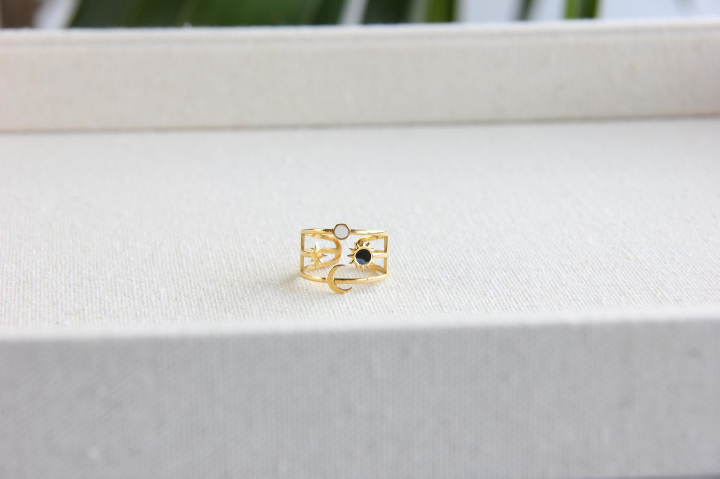 Sun Moon Star Ring 18K Gold Celestial Enamel Ring Adjustable Sun and Moons Rings Statement Rings for Women Waterproof Handmade Jewelry Gifts