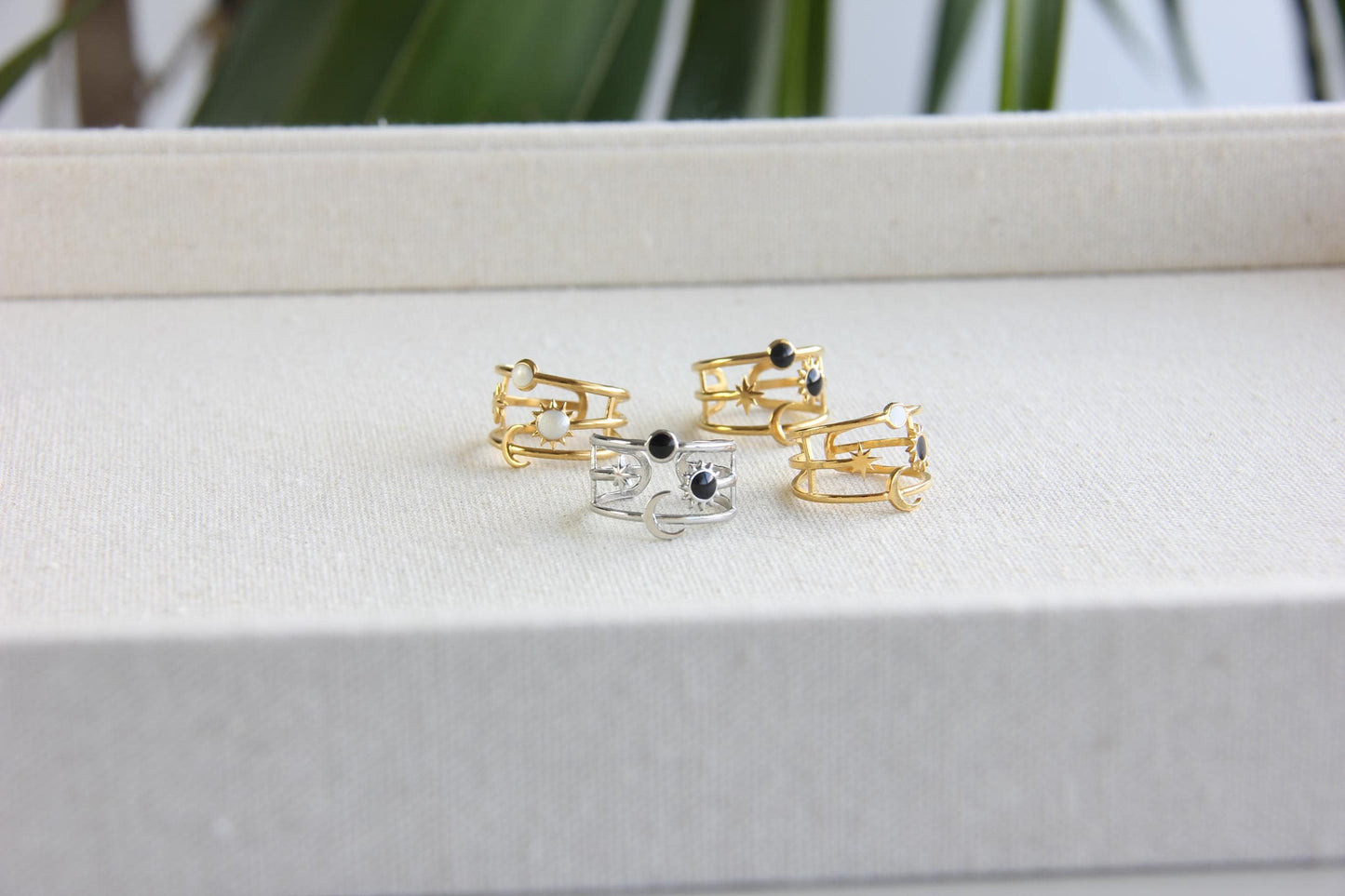 Sun Moon Star Ring 18K Gold Celestial Enamel Ring Adjustable Sun and Moons Rings Statement Rings for Women Waterproof Handmade Jewelry Gifts
