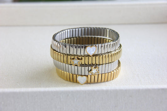 Gold Elastic Love Charm Bracelet, Stainless Steel Elastic Bracelets Bangles for Women Star Heart, Stretch Waterproof Gold Bangle for Mom