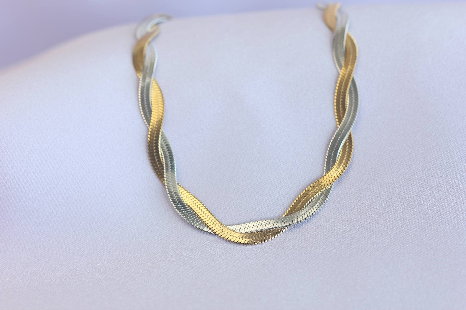 Unique Duo Color Braided Herringbone Twist Gold Chain Necklace that reflects both minimalist and statement textures. Perfect gift for friend, mom, or loved ones. Handmade unique jewelry gift ideas for her.