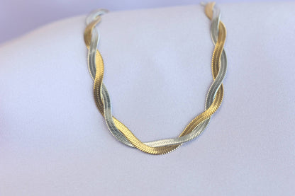 Unique Duo Color Braided Herringbone Twist Gold Chain Necklace that reflects both minimalist and statement textures. Perfect gift for friend, mom, or loved ones. Handmade unique jewelry gift ideas for her.
