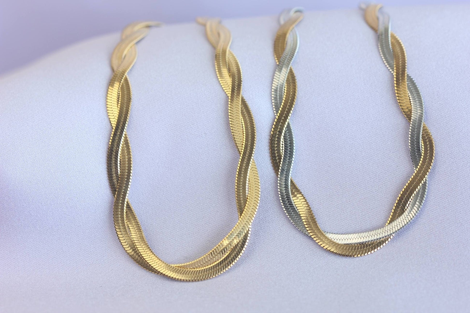 Unique Duo Color Braided Herringbone Twist Gold Chain Necklace that reflects both minimalist and statement textures. Perfect gift for friend, mom, or loved ones. Handmade unique jewelry gift ideas for her.
