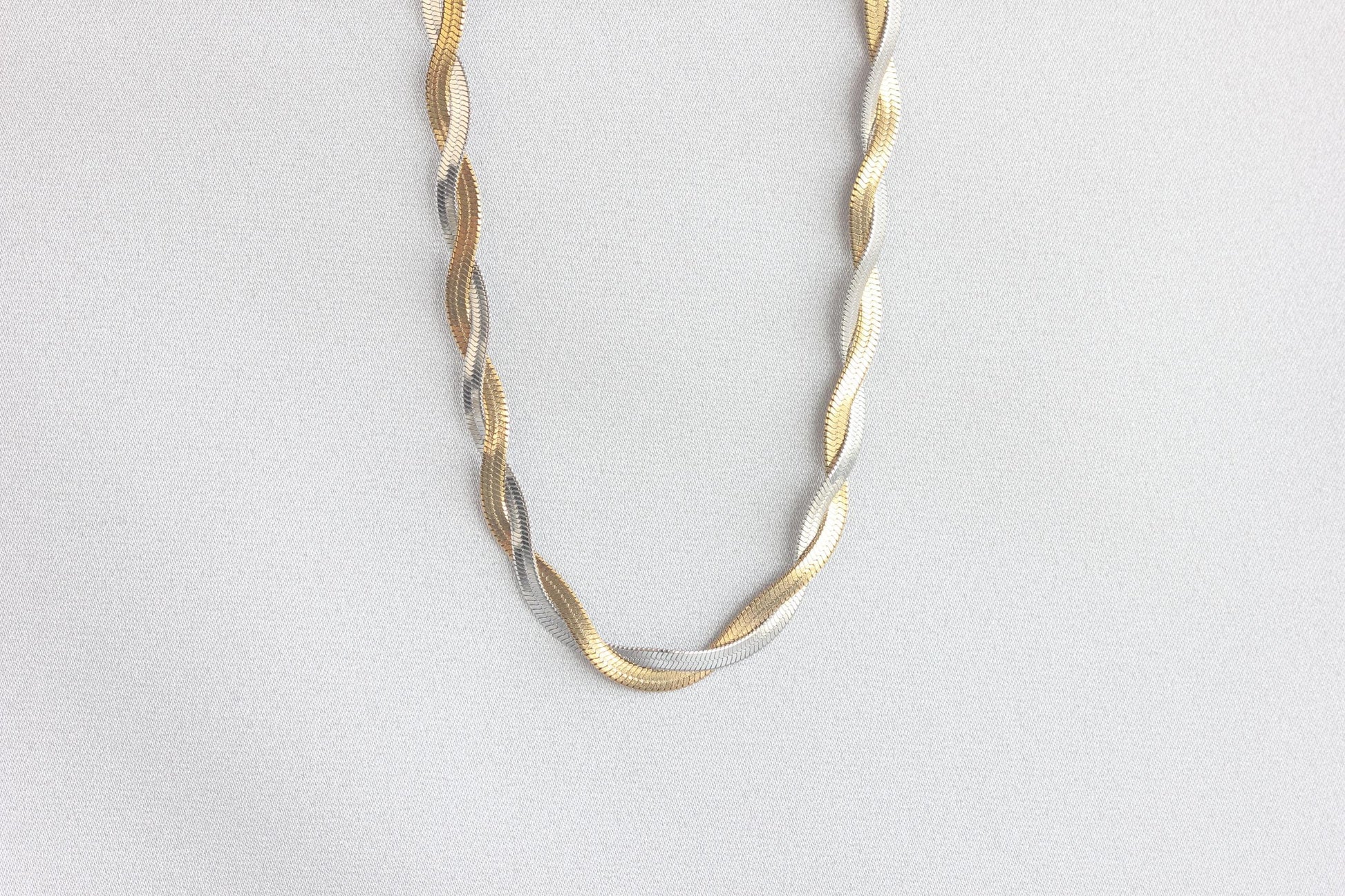 Unique Duo Color Braided Herringbone Twist Gold Chain Necklace that reflects both minimalist and statement textures. Perfect gift for friend, mom, or loved ones. Handmade unique jewelry gift ideas for her.