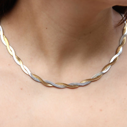 Unique Duo Color Braided Herringbone Twist Gold Chain Necklace that reflects both minimalist and statement textures. Perfect gift for friend, mom, or loved ones. Handmade unique jewelry gift ideas for her.