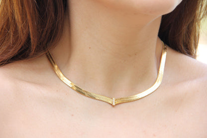 Thick Herringbone Chain Necklace 18K Gold Statement Snake CZ Necklace Flat Chain Layering Herringbone Necklace Waterproof Jewelry Gift Mom