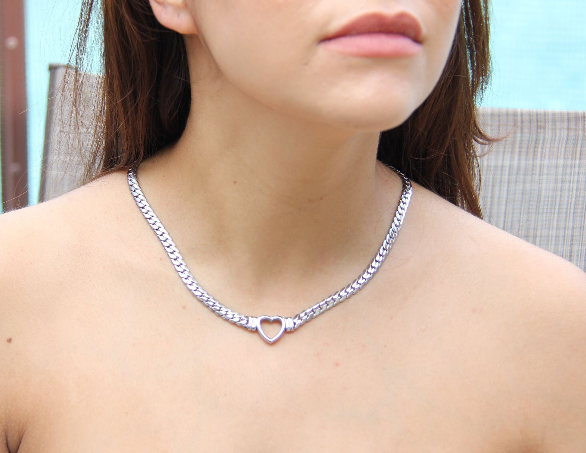 Cuban Link Chain Heart Necklace Braided Woven Cuban Chain Waterproof Chubby Thick Heart Chain Necklace for Women Handmade Jewelry Gift Mom