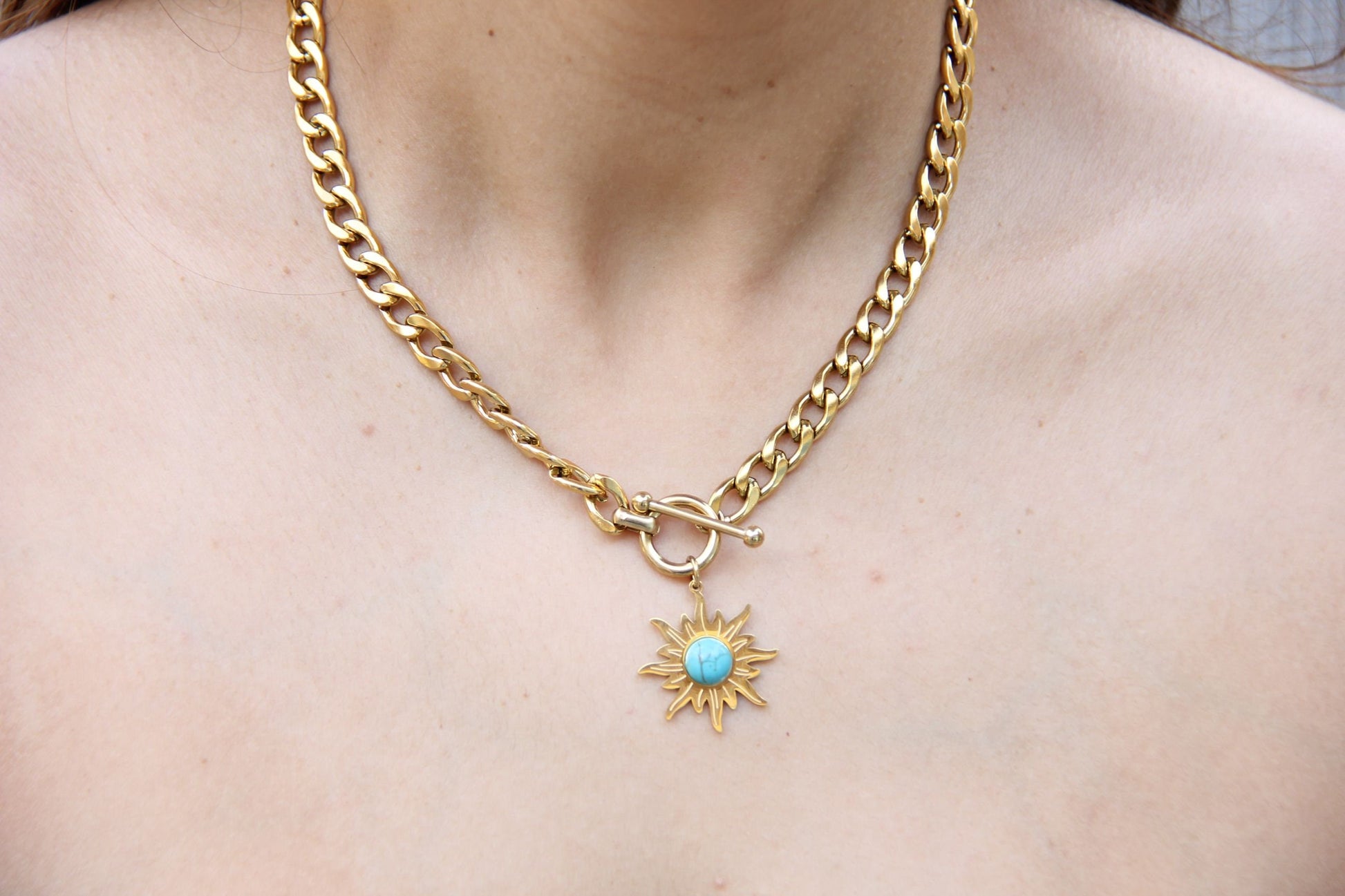 Turquoise Charm Chain Necklace,Gold Sun Necklace,18K Gold Thick Chain Necklace,Layering Statement Gemstone Necklace,Mothers Day Gift for Her