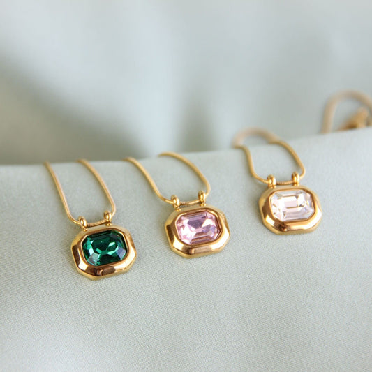 Green Pendant Vintage Necklace, 18K Gold Zircon Drop Necklace, Layering Dainty Chain Necklace, Unique Mother's Day Gift for Her