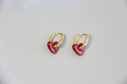Beautiful and Dainty 18K Gold Plated Waterproof Burgundy Love Heart Drop Earrings what will go with all your other jewelry! Perfect gift for your mom, friend or loved ones!