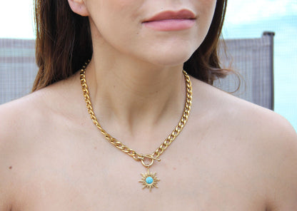 Turquoise Charm Chain Necklace,Gold Sun Necklace,18K Gold Thick Chain Necklace,Layering Statement Gemstone Necklace,Mothers Day Gift for Her
