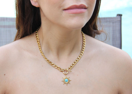 Turquoise Charm Chain Necklace,Gold Sun Necklace,18K Gold Thick Chain Necklace,Layering Statement Gemstone Necklace,Mothers Day Gift for Her