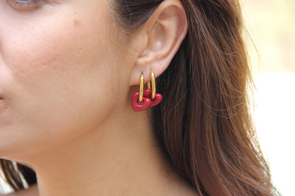 Beautiful and Dainty 18K Gold Plated Waterproof Burgundy Love Heart Drop Earrings what will go with all your other jewelry! Perfect gift for your mom, friend or loved ones!