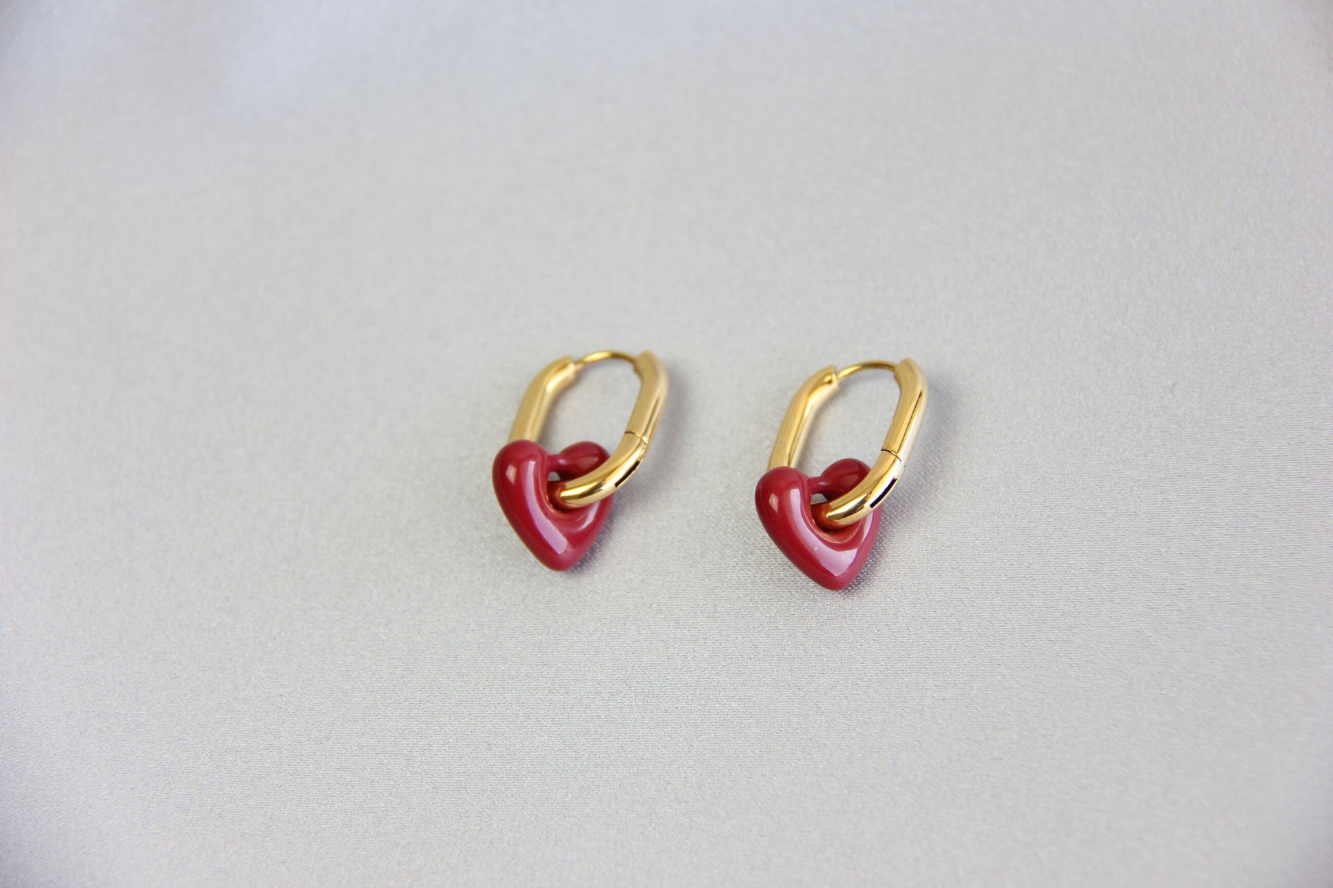 Beautiful and Dainty 18K Gold Plated Waterproof Burgundy Love Heart Drop Earrings what will go with all your other jewelry! Perfect gift for your mom, friend or loved ones!