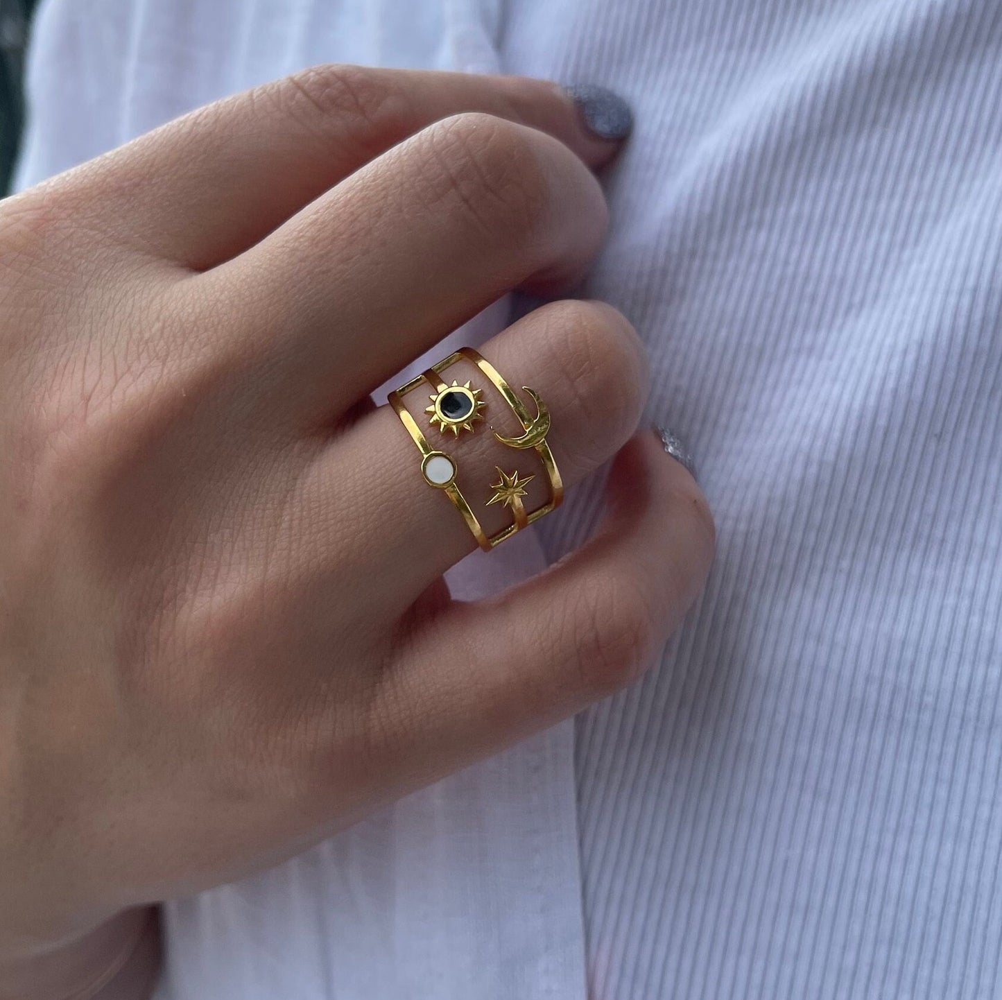 Sun Moon Star Ring 18K Gold Celestial Enamel Ring Adjustable Sun and Moons Rings Statement Rings for Women Waterproof Handmade Jewelry Gifts