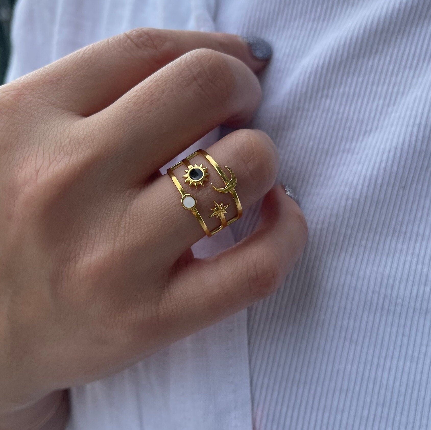 Sun Moon Star Ring 18K Gold Celestial Enamel Ring Adjustable Sun and Moons Rings Statement Rings for Women Waterproof Handmade Jewelry Gifts