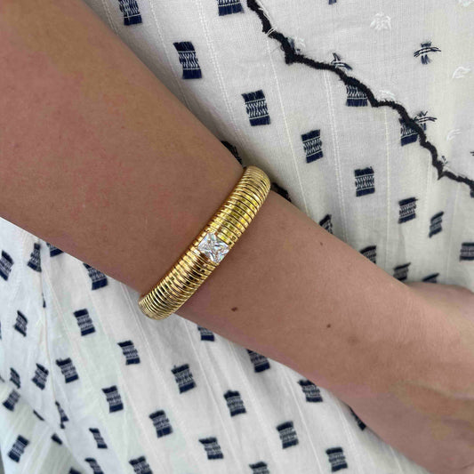 Unique 18K Gold Plated CZ Bangle Stretch Bracelets with colorful cubic zirconias that reflects statement textures with its shining zirconias. Complete your outfit day or night with this beauties! Perfect gift for her!