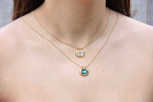 Green Pendant Vintage Necklace, 18K Gold Zircon Drop Necklace, Layering Dainty Chain Necklace, Unique Mother's Day Gift for Her