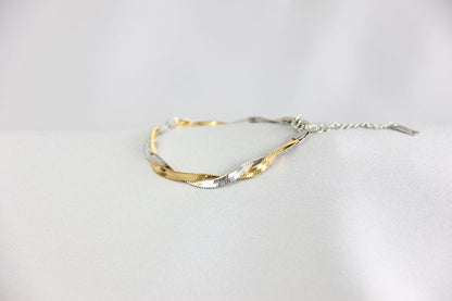 Unique Duo Color Braided Herringbone Twist Gold Chain Bracelet that reflects both minimalist and statement textures. Complete your special occasion outfit or night style with this beauty!