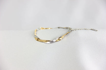 Unique Duo Color Braided Herringbone Twist Gold Chain Bracelet that reflects both minimalist and statement textures. Complete your special occasion outfit or night style with this beauty!