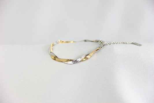 Unique Duo Color Braided Herringbone Twist Gold Chain Bracelet that reflects both minimalist and statement textures. Complete your special occasion outfit or night style with this beauty!