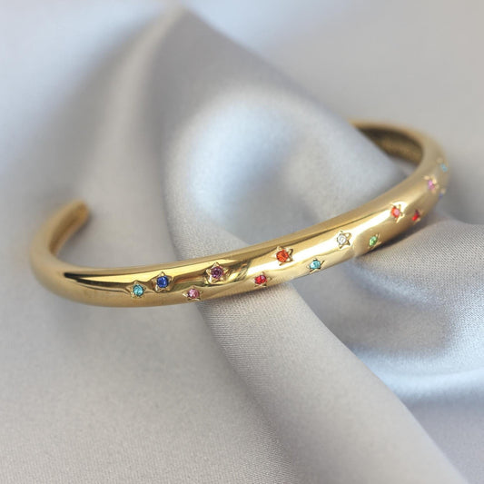 18K Gold Cuff Bracelet Celestial Open Bangle Stacking Gold Bracelet Waterproof Cuff Bracelet Unique Jewelry Bracelet Gift for Mom