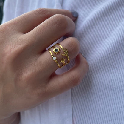Sun Moon Star Ring 18K Gold Celestial Enamel Ring Adjustable Sun and Moons Rings Statement Rings for Women Waterproof Handmade Jewelry Gifts