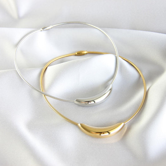 18K Gold Curved Tube Bar Necklace, Chunky Waterproof Thick Choker Necklace, Unique Gold Tunnel Necklace for Women Handmade Jewelry Gift Mom