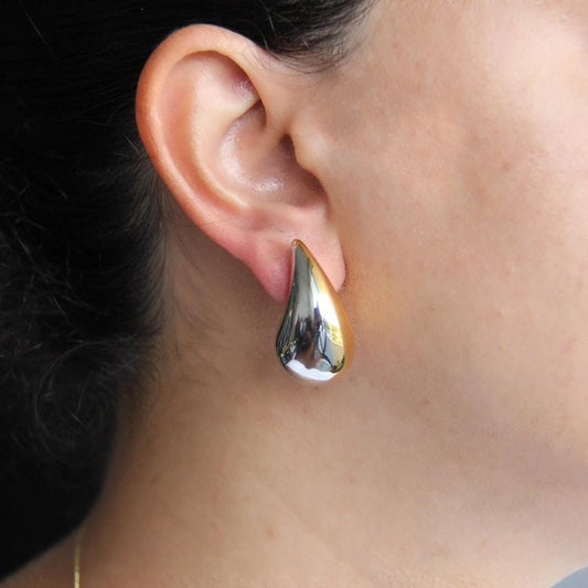 Teardrop Stud Two Color Earring, Modern Bold 18K Gold Earring, Chunky Handmade Unique Gold Drop Earring, Boho Unique Mother's Day Gifts