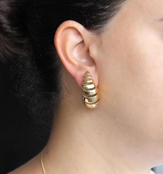 Teardrop Stud Shell Earring, Gold Bold Drop Earring, Unique Boho 18K Gold Earring, Minimal Gold Earring for Her, Mother's Day Gifts for Her
