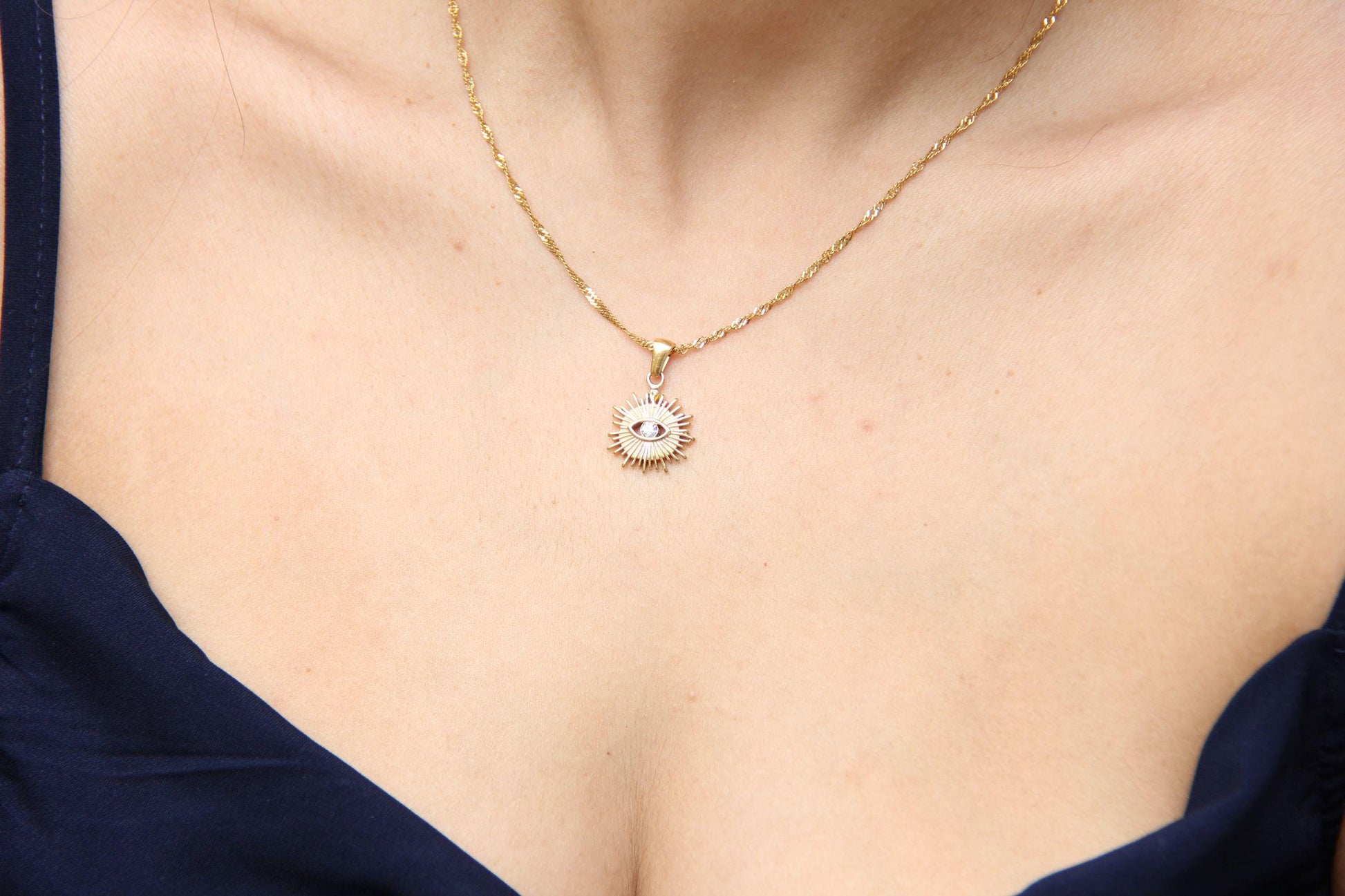 Evil Eye Charm Sun Necklace, Dainty Protection Gold Pendant, Minimalist Eye Protection Necklace, Best Friend Gift,Handmade Mother's Day Gift