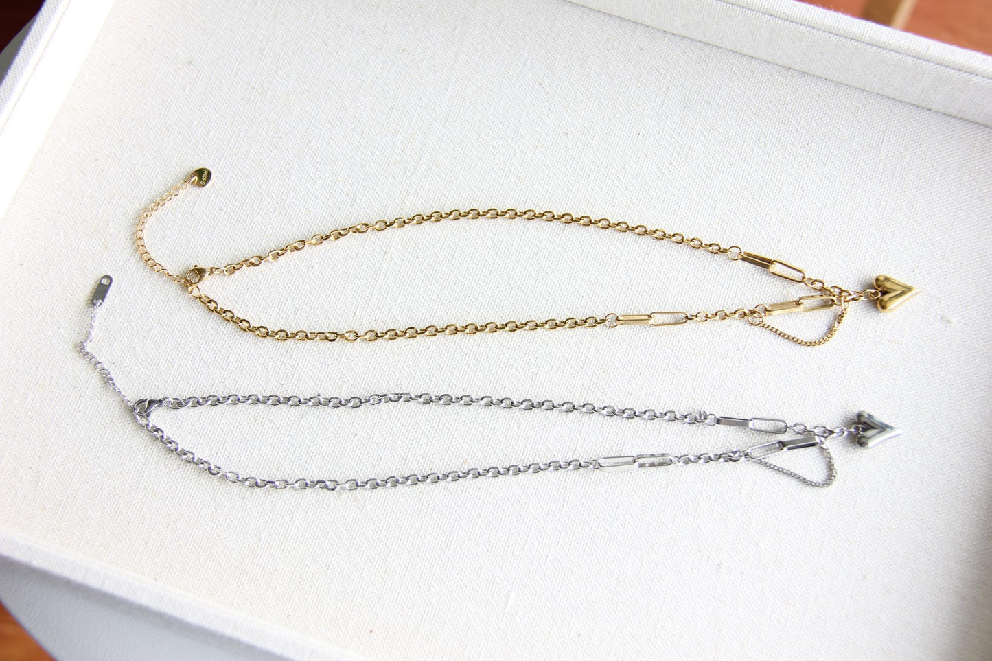 One of a kind Gold Chain Necklace with unique heart pendants. Perfect to use as a layering necklace or wearing solo, adding a touch of a romance to any outfit. Perfect gift for your wife, girlfriend, mom or for yourself!
