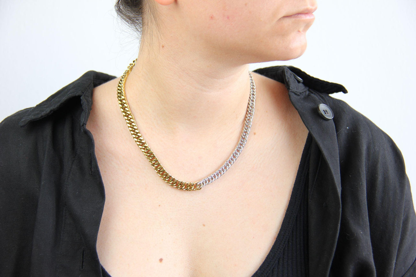 Two Tone Chain Necklace 18K Gold Layering Waterproof Statement Necklace Men's Chain Necklace Handmade Unique Jewelry Gifts for Her and Him