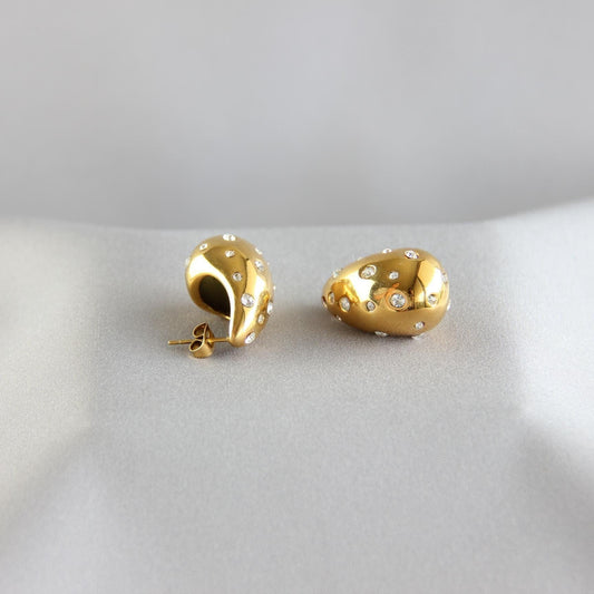 Teardrop Gold Zirconia Stud Earring, Chunky 18K Gold Stud CZ Earring, Bold Unique 18K Gold Earring for Women, Mother's Day Gifts for Her