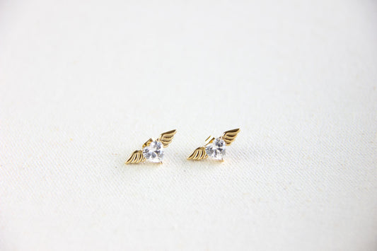 Angel wing heart stud 18K gold plated earrings , featuring a delicate and symbolic design. Dainty and lightweight earrings, perfect for everyday wear or special occasions. Guardian angel-inspired jewelry, a meaningful gift for her. Mom Gifts Ideas