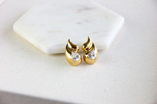 Drop Zircon Earring, Gold Chunky Statement Earring, Unique Gold Zircon Boho Earring, Minimal Gold Earring for Her, Mother's Day Gift for Her