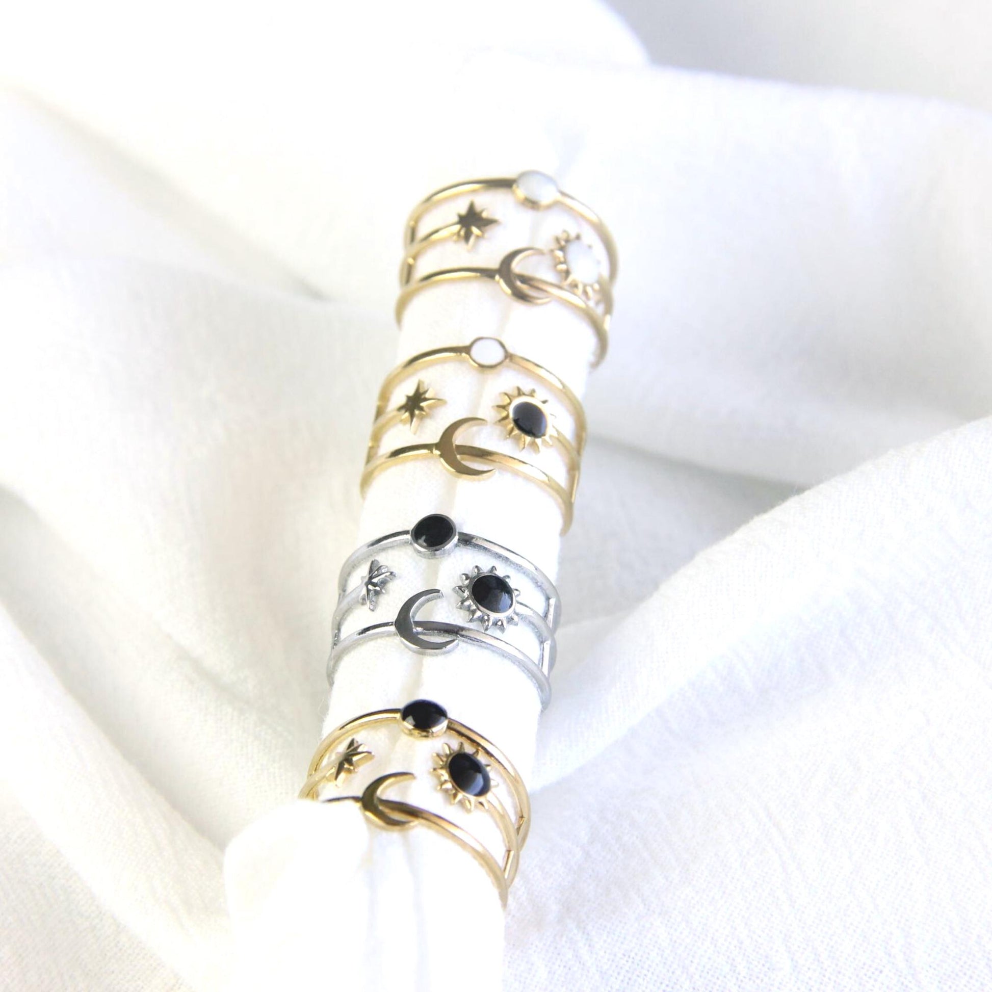 Sun Moon Star Ring 18K Gold Celestial Enamel Ring Adjustable Sun and Moons Rings Statement Rings for Women Waterproof Handmade Jewelry Gifts