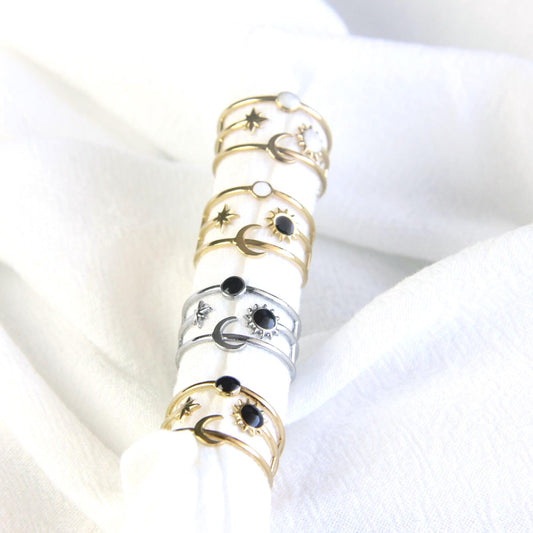 Sun Moon Star Ring 18K Gold Celestial Enamel Ring Adjustable Sun and Moons Rings Statement Rings for Women Waterproof Handmade Jewelry Gifts