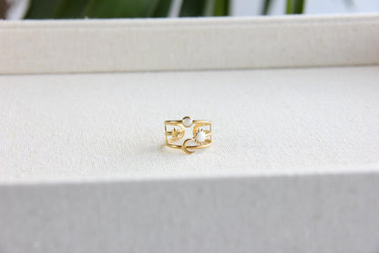 Sun Moon Star Ring 18K Gold Celestial Enamel Ring Adjustable Sun and Moons Rings Statement Rings for Women Waterproof Handmade Jewelry Gifts