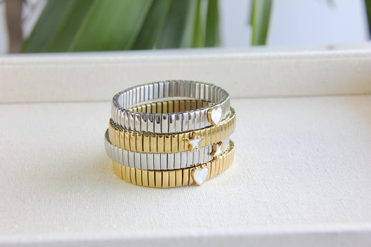 Gold Elastic Love Charm Bracelet, Stainless Steel Elastic Bracelets Bangles for Women Star Heart, Stretch Waterproof Gold Bangle for Mom