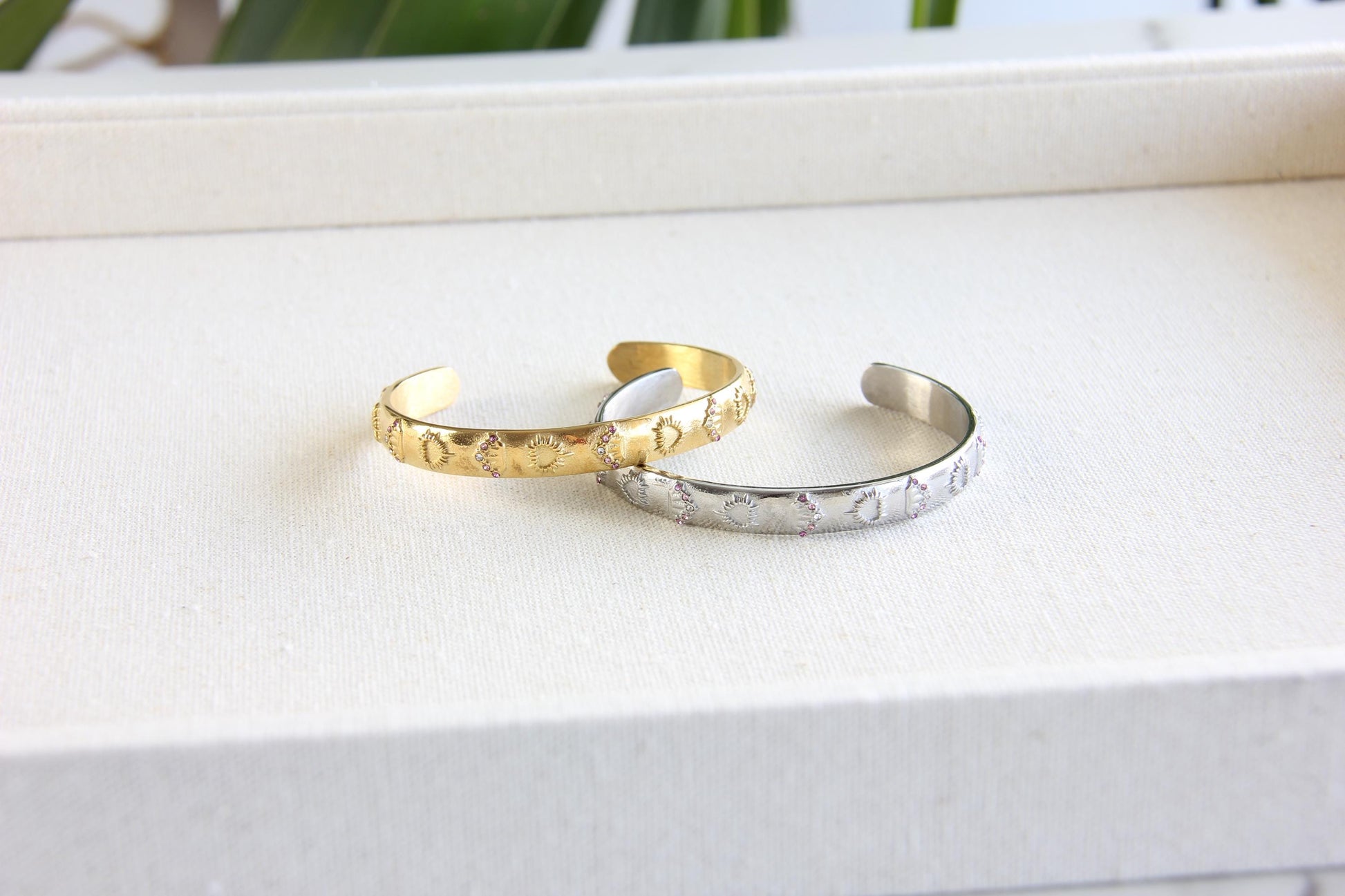 Unique 18K Gold Plated Open Cuff Bangle Bracelet with colorful cubic zirconia stars that reflects both minimalist and statement textures. Complete your special occasion outfit or night style with this beauty!