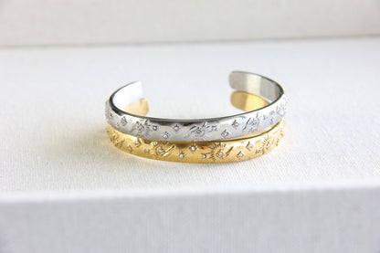 Unique 18K Gold Plated Open Cuff Bangle Bracelet with colorful cubic zirconia stars that reflects both minimalist and statement textures. Complete your special occasion outfit or night style with this beauty!