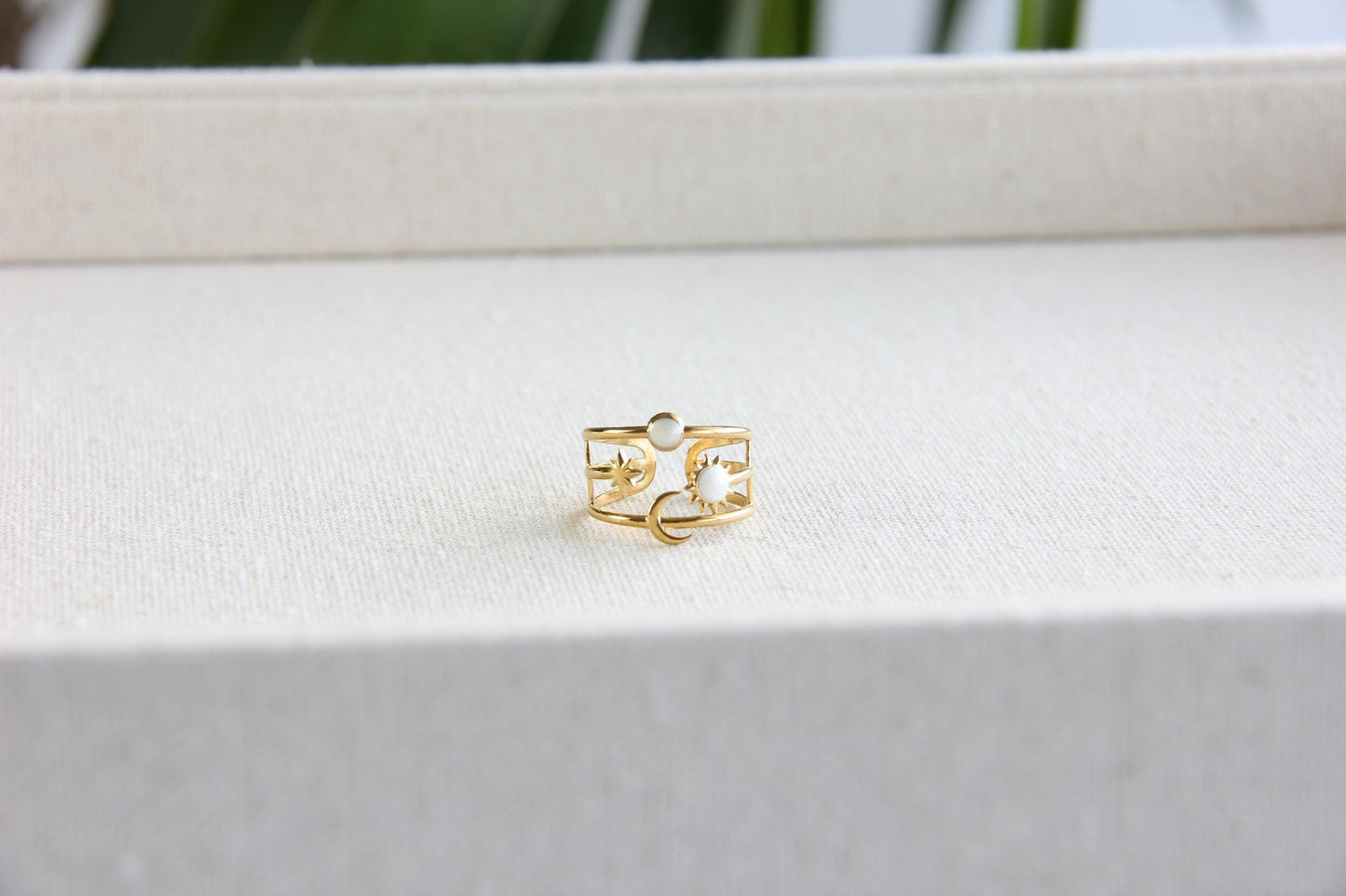 Sun Moon Star Ring 18K Gold Celestial Enamel Ring Adjustable Sun and Moons Rings Statement Rings for Women Waterproof Handmade Jewelry Gifts