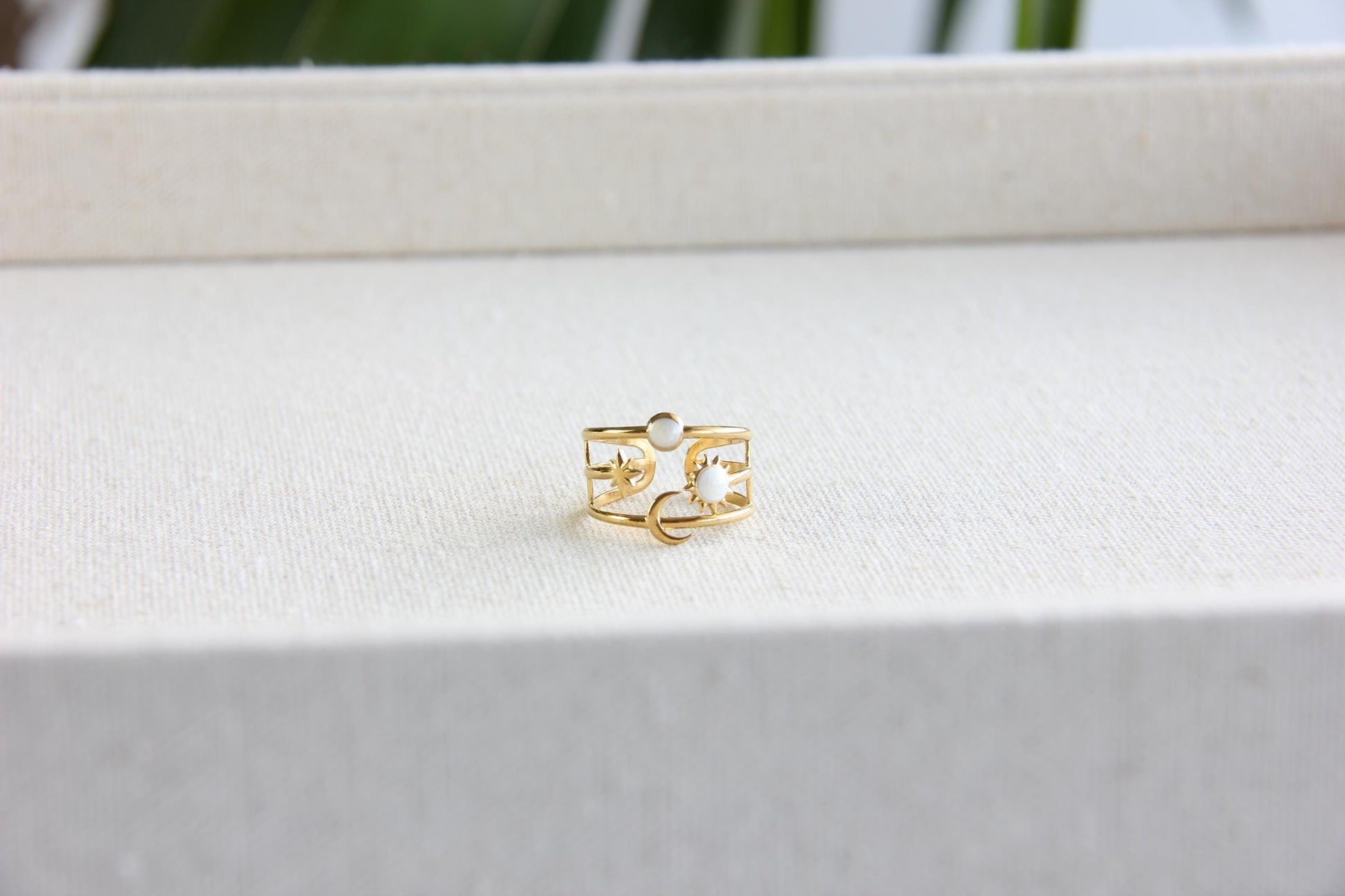 Sun Moon Star Ring 18K Gold Celestial Enamel Ring Adjustable Sun and Moons Rings Statement Rings for Women Waterproof Handmade Jewelry Gifts