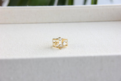 Sun Moon Star Ring 18K Gold Celestial Enamel Ring Adjustable Sun and Moons Rings Statement Rings for Women Waterproof Handmade Jewelry Gifts